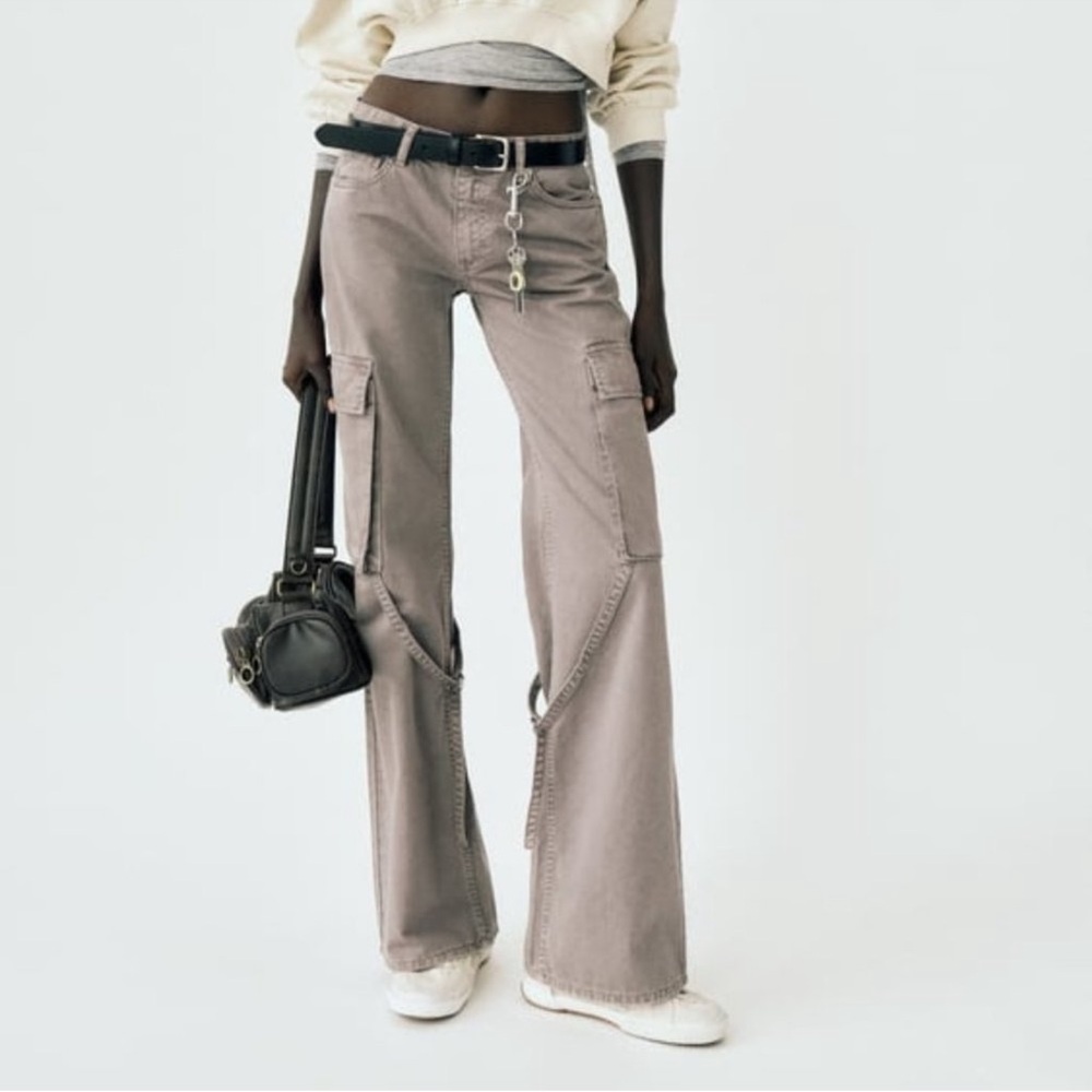 NWT Zara Mid Rise Tan TRF Cargo Jeans with Leg Strap 14